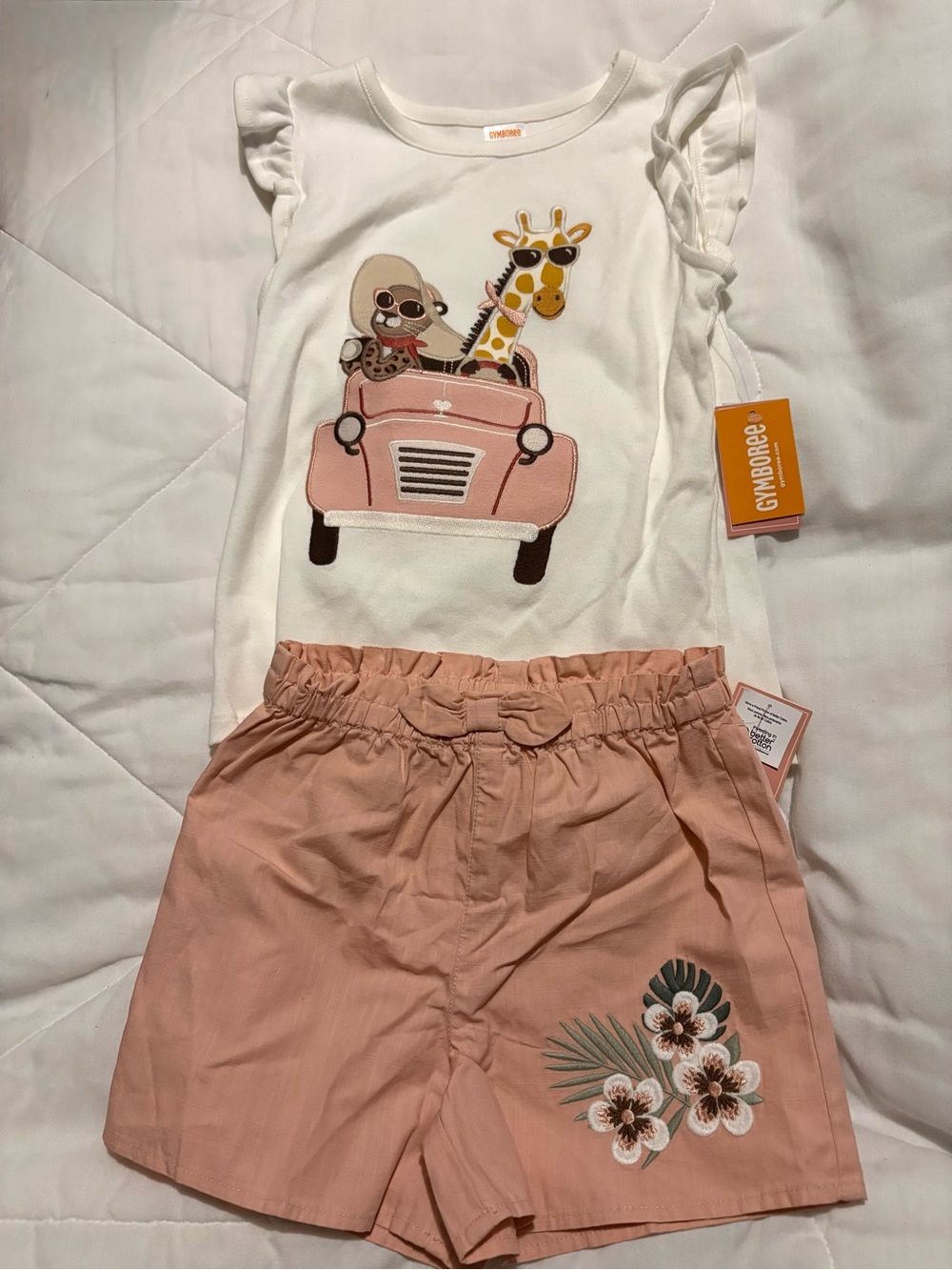 Gymboree White Flutter-Sleeve Top & Peach Floral Shorts Set